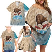 Kiwi Jandal Beach Life Family Matching Off Shoulder Short Dress and Hawaiian Shirt New Zealand Flip Flops Ocean Wave Surf Style