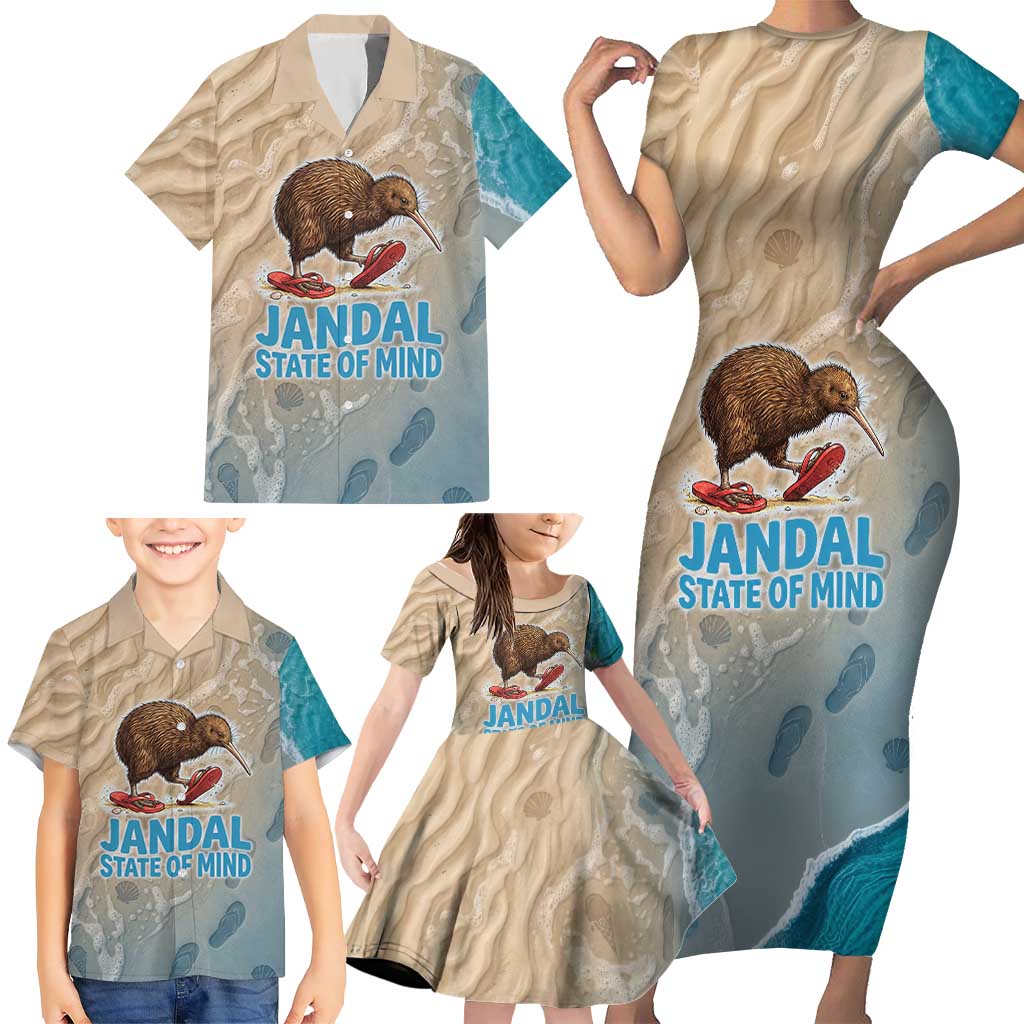 Kiwi Jandal Beach Life Family Matching Short Sleeve Bodycon Dress and Hawaiian Shirt New Zealand Flip Flops Ocean Wave Surf Style