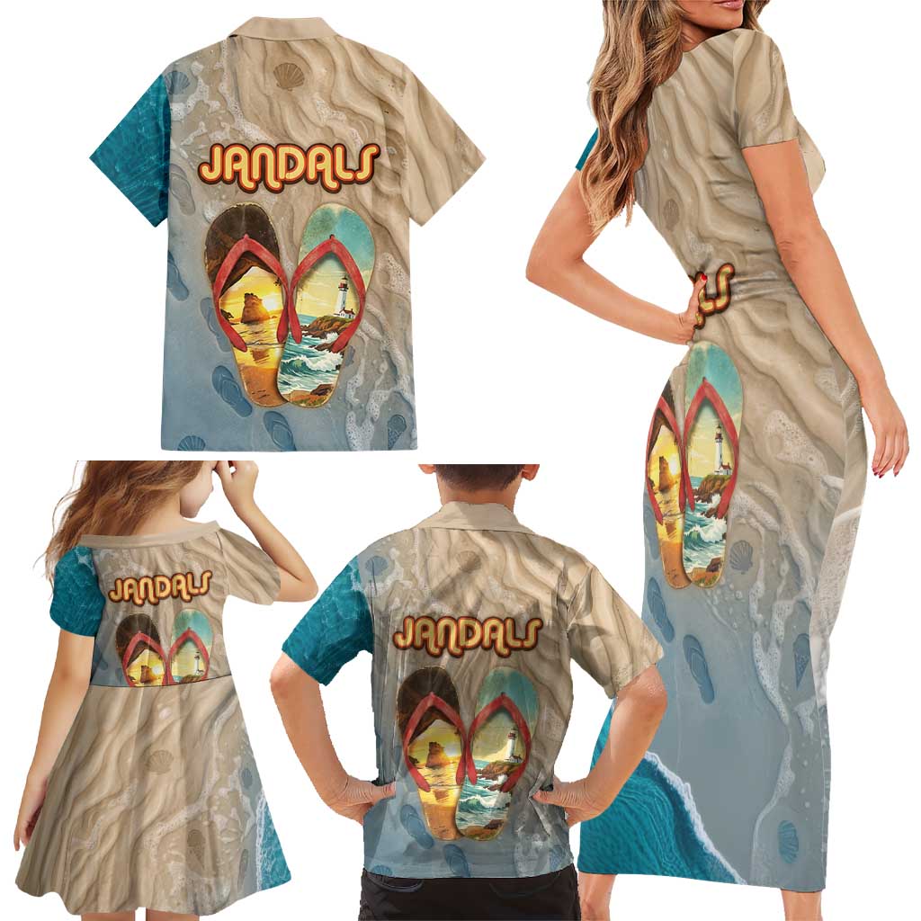 Kiwi Jandal Beach Life Family Matching Short Sleeve Bodycon Dress and Hawaiian Shirt New Zealand Flip Flops Ocean Wave Surf Style