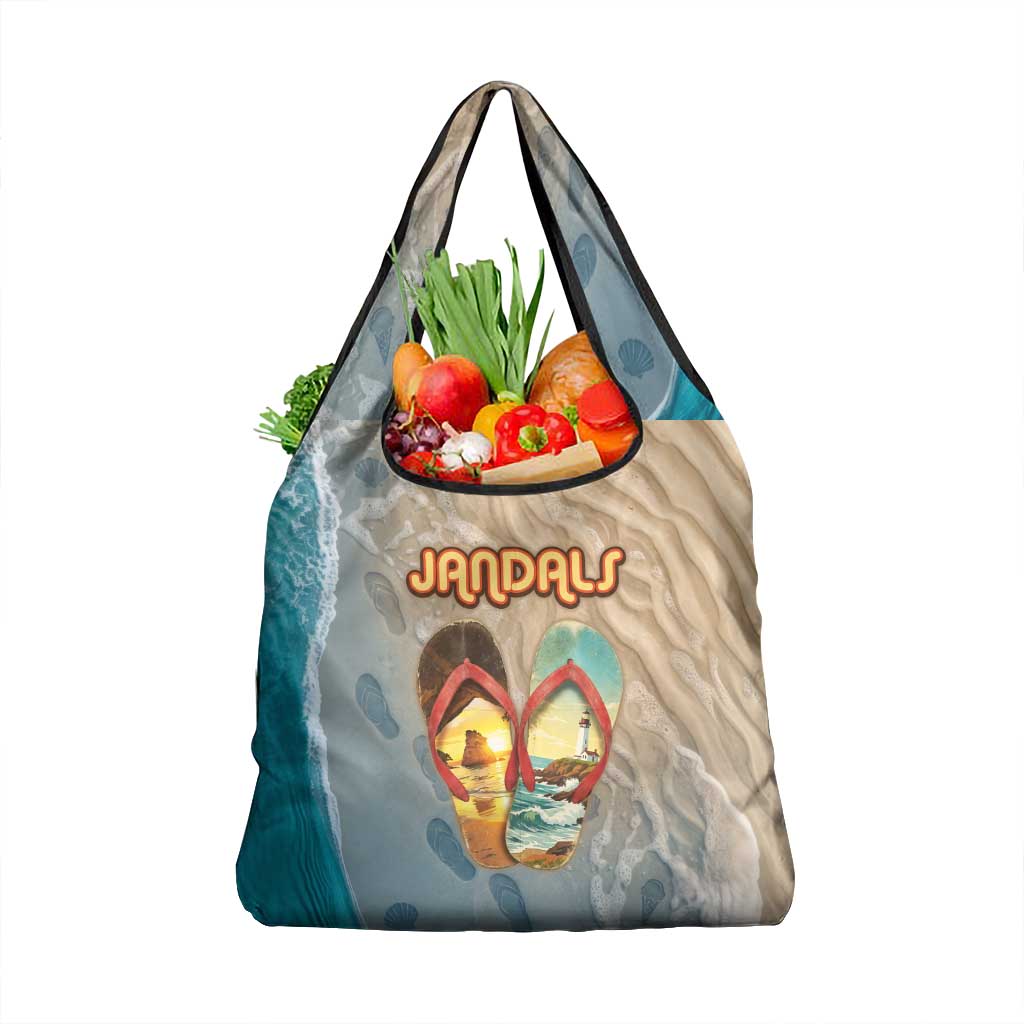 Kiwi Jandal Beach Life Grocery Bag New Zealand Flip Flops Ocean Wave Surf Style TS04 1-pack One Size Beige Cyan - Polynesian Pride