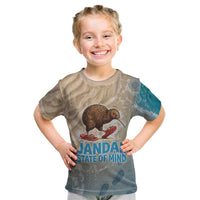 Kiwi Jandal Beach Life Kid T Shirt New Zealand Flip Flops Ocean Wave Surf Style TS04 Beige Cyan - Polynesian Pride