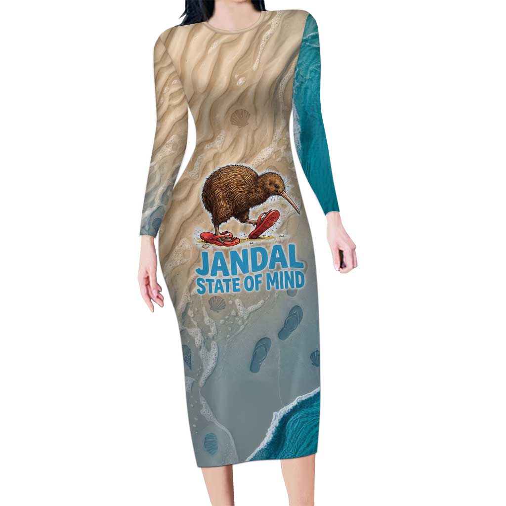 Kiwi Jandal Beach Life Long Sleeve Bodycon Dress New Zealand Flip Flops Ocean Wave Surf Style