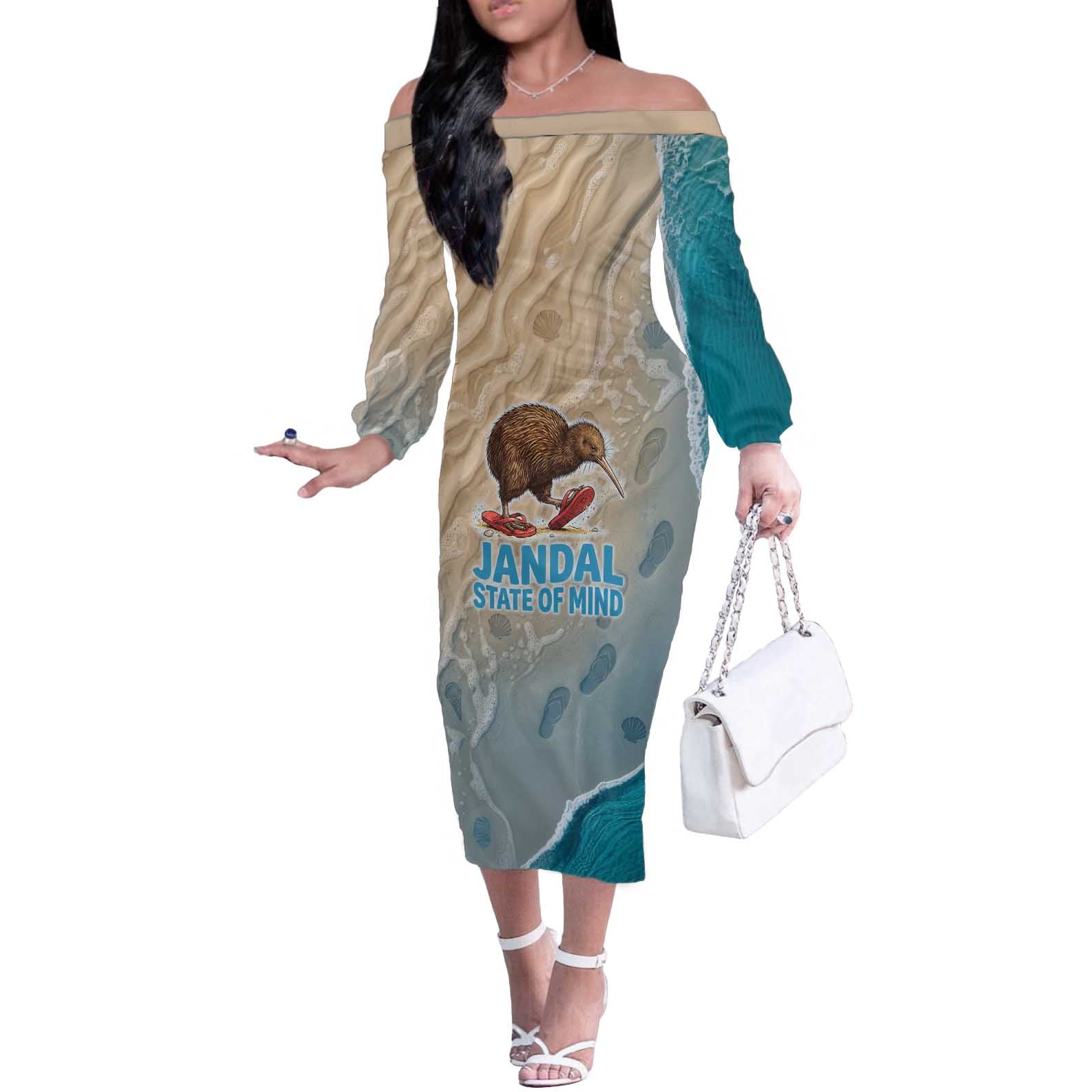 Kiwi Jandal Beach Life Off The Shoulder Long Sleeve Dress New Zealand Flip Flops Ocean Wave Surf Style
