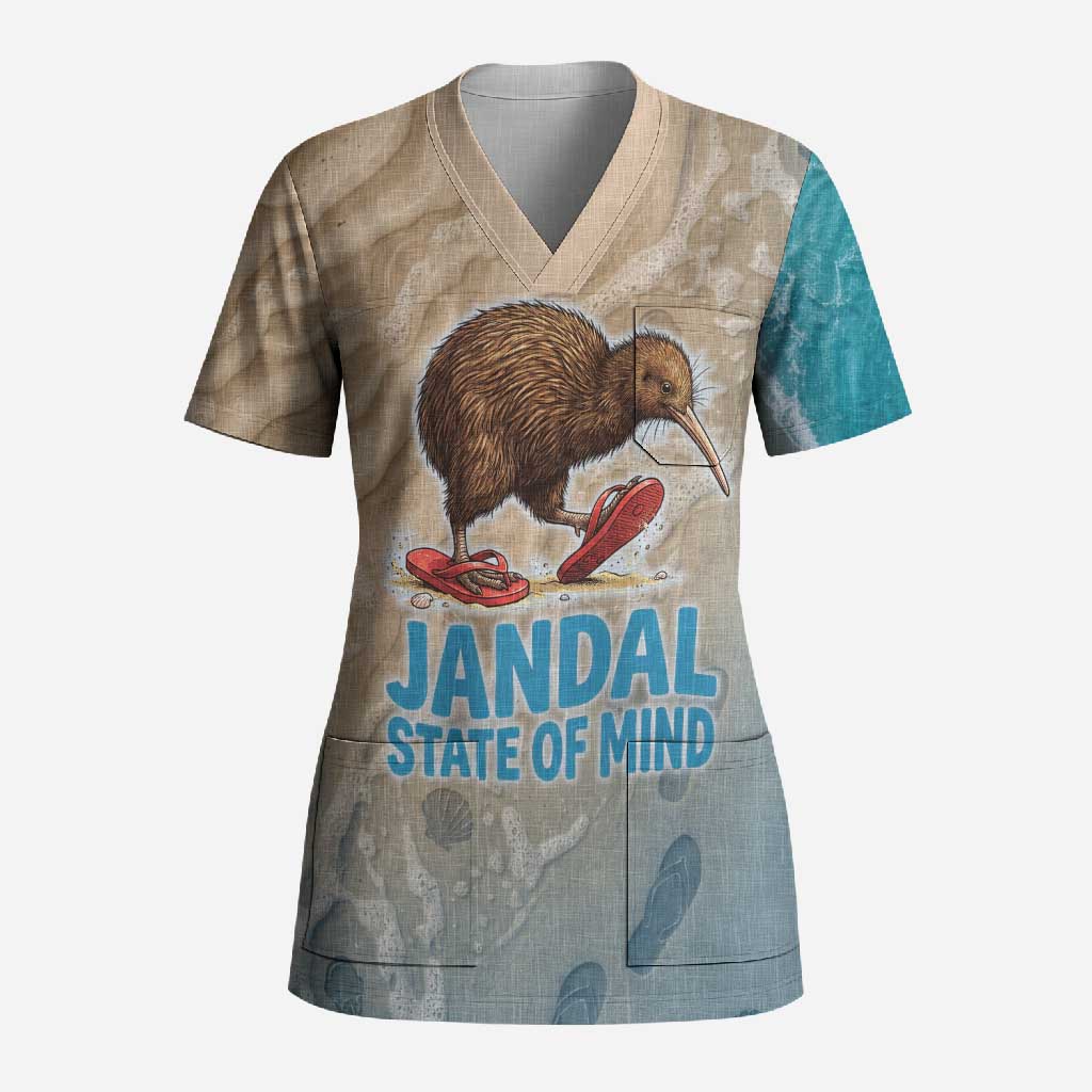 Kiwi Jandal Beach Life Scrub Top New Zealand Flip Flops Ocean Wave Surf Style