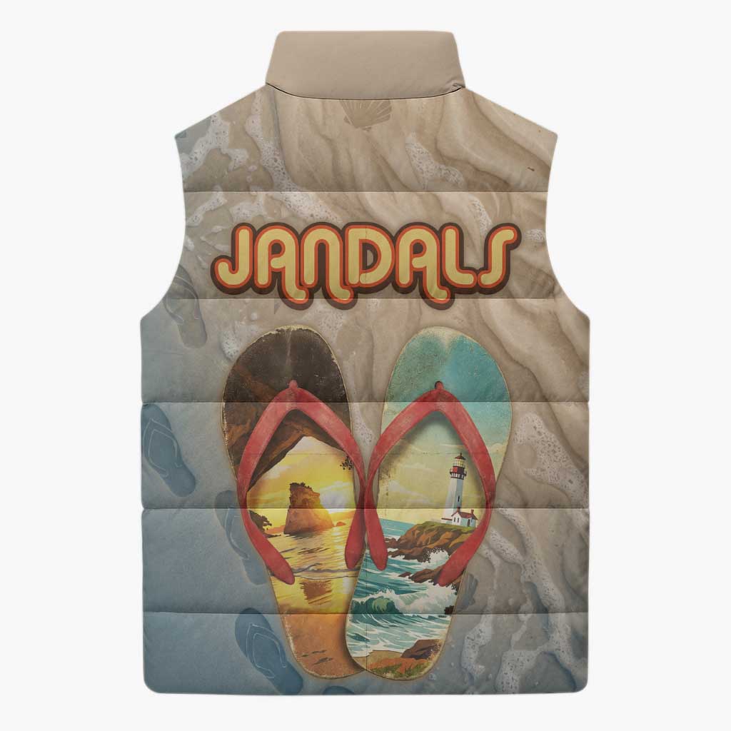Kiwi Jandal Beach Life Sleeveless Puffer Jacket New Zealand Flip Flops Ocean Wave Surf Style
