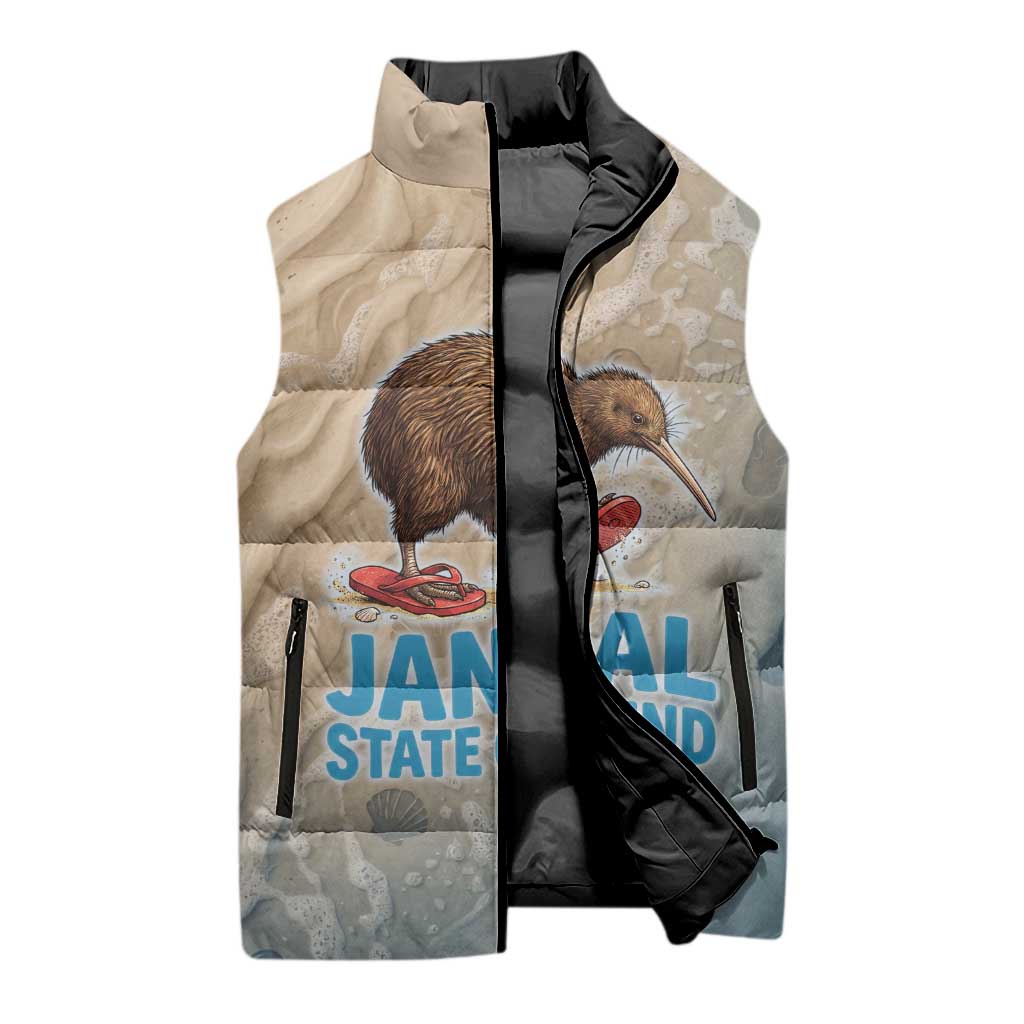 Kiwi Jandal Beach Life Sleeveless Puffer Jacket New Zealand Flip Flops Ocean Wave Surf Style