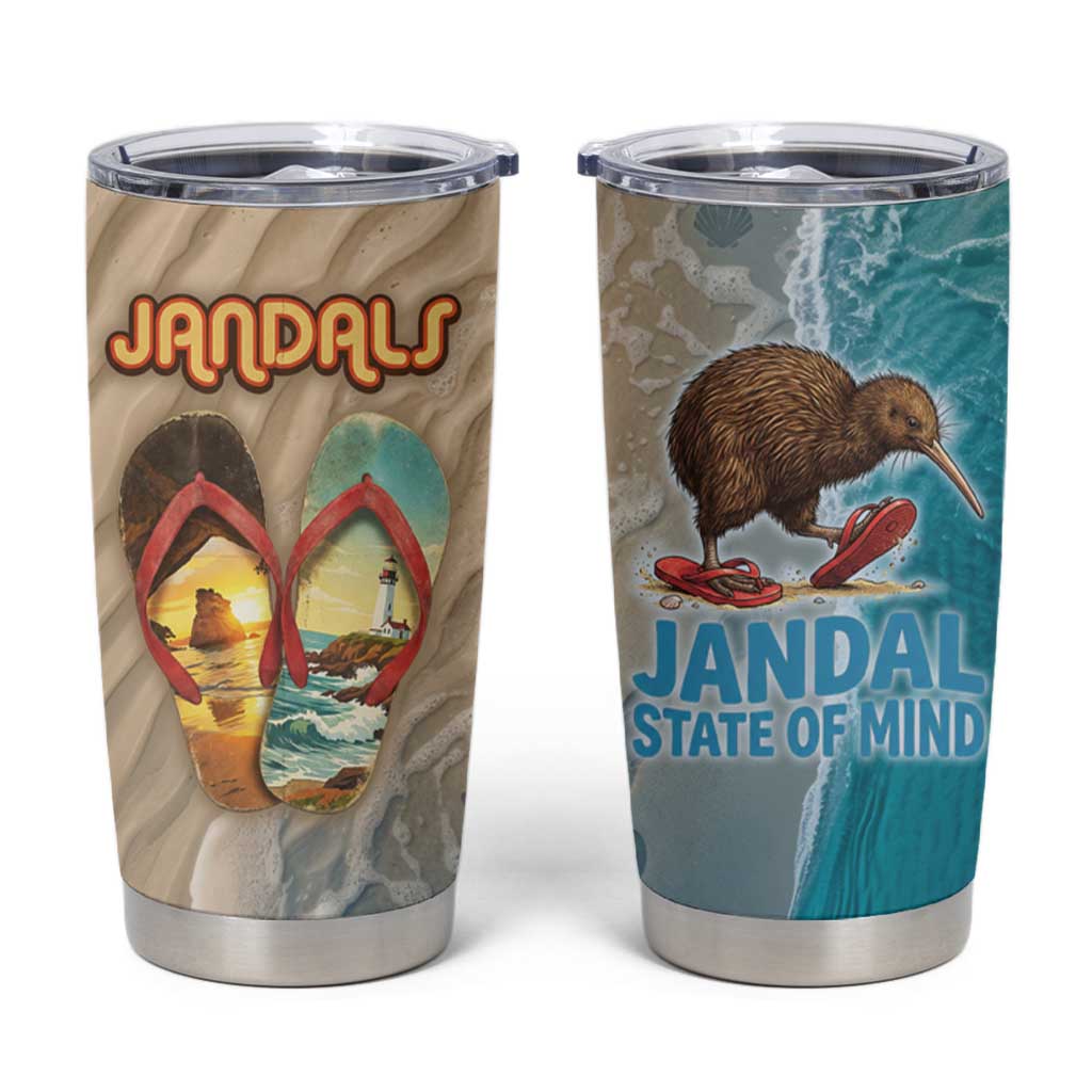 Kiwi Jandal Beach Life Tumbler Cup New Zealand Flip Flops Ocean Wave Surf Style TS04 Beige Cyan - Polynesian Pride