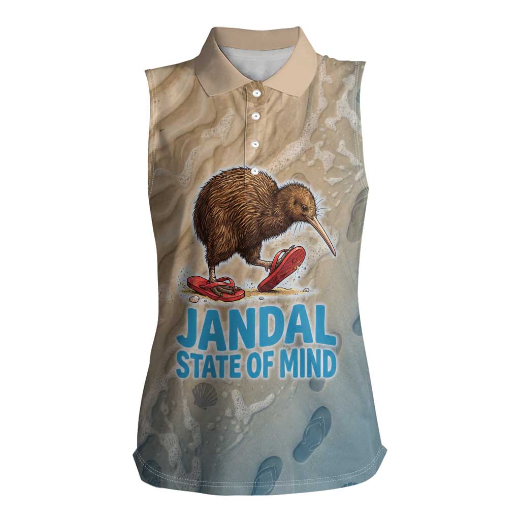 Kiwi Jandal Beach Life Women Sleeveless Polo Shirt New Zealand Flip Flops Ocean Wave Surf Style