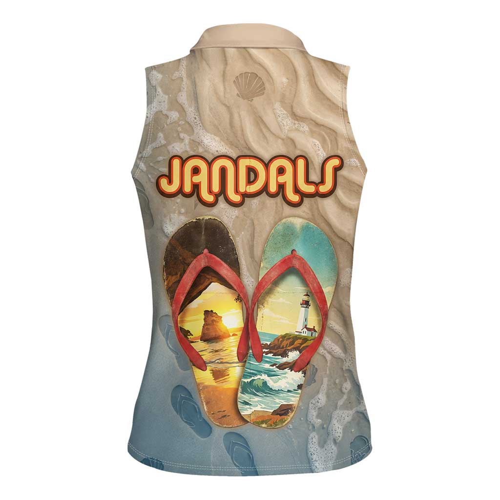 Kiwi Jandal Beach Life Women Sleeveless Polo Shirt New Zealand Flip Flops Ocean Wave Surf Style