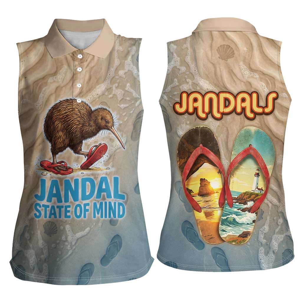 Kiwi Jandal Beach Life Women Sleeveless Polo Shirt New Zealand Flip Flops Ocean Wave Surf Style