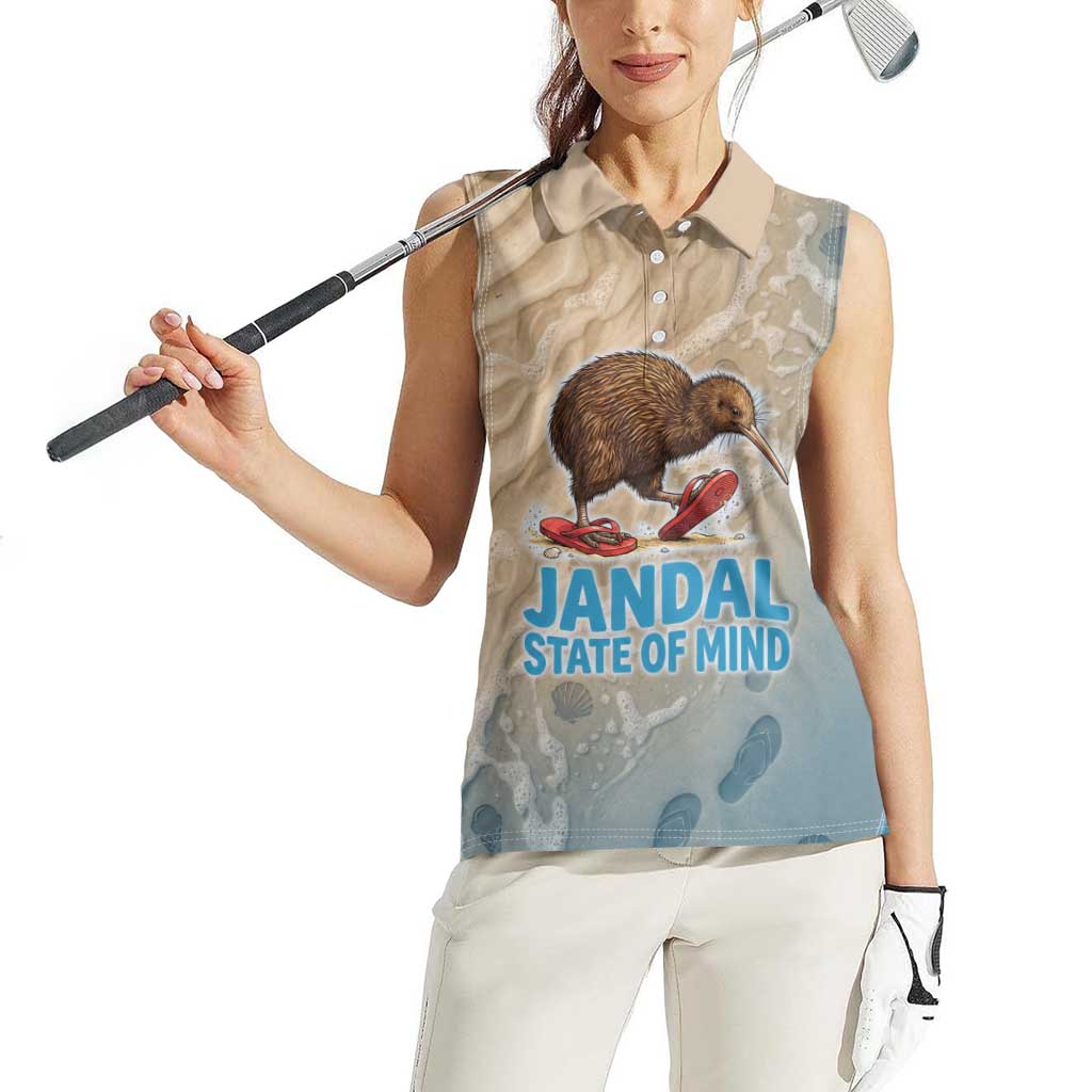 Kiwi Jandal Beach Life Women Sleeveless Polo Shirt New Zealand Flip Flops Ocean Wave Surf Style