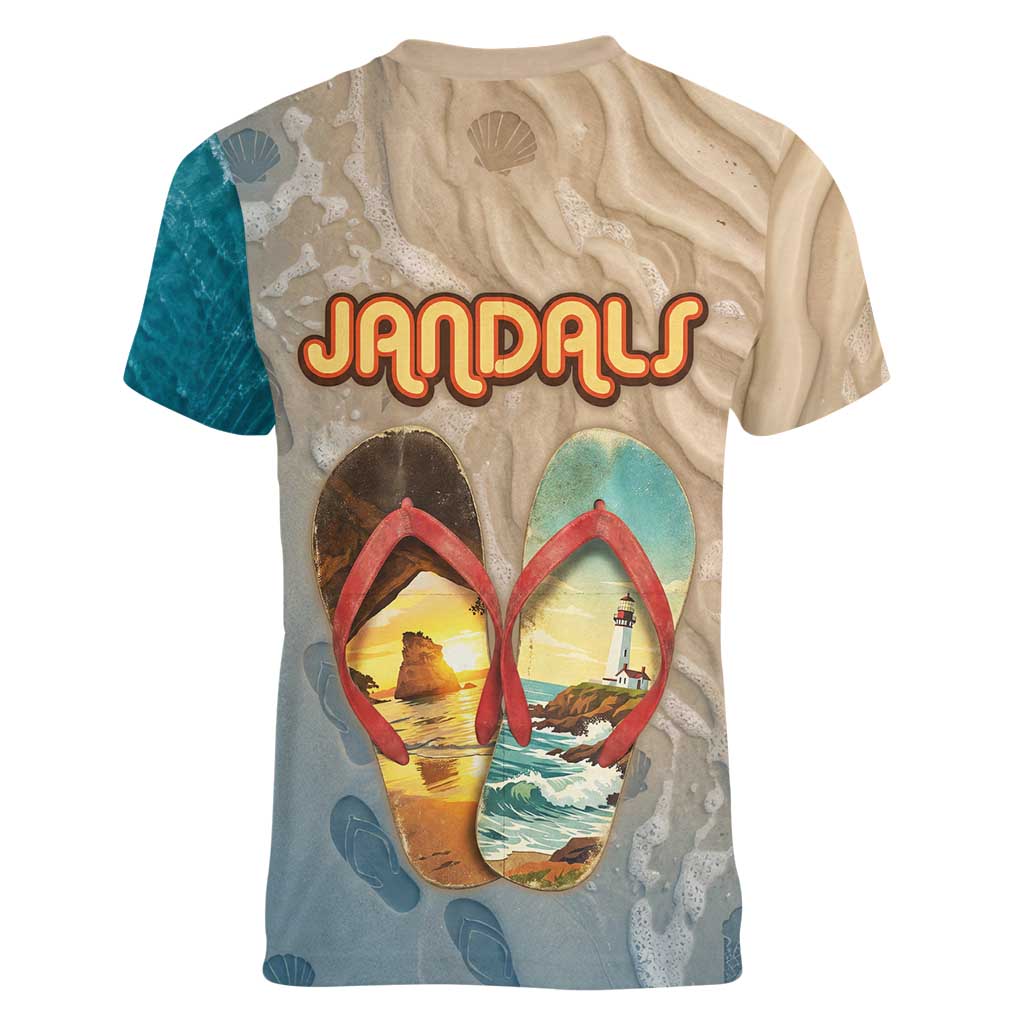 Kiwi Jandal Beach Life Women V-Neck T-Shirt New Zealand Flip Flops Ocean Wave Surf Style