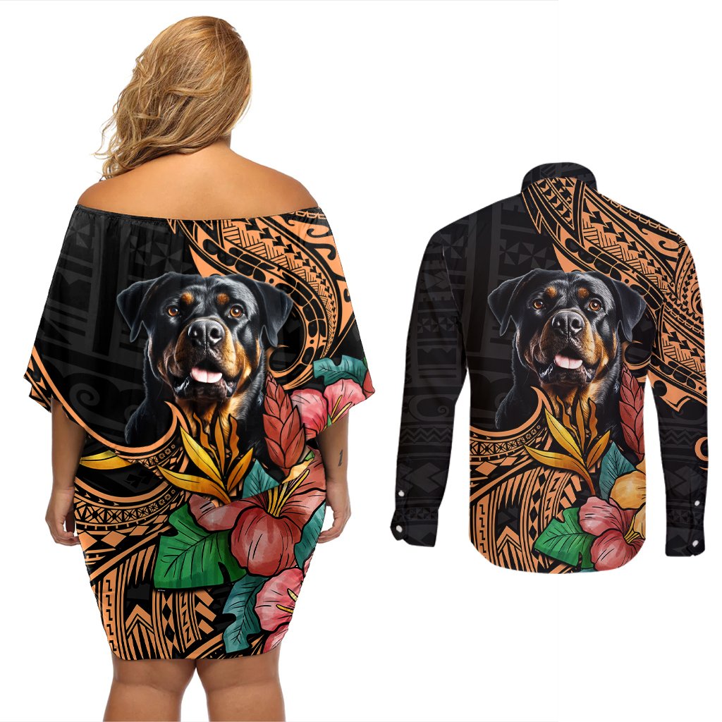 Polynesian Rottweiler Couples Matching Off Shoulder Short Dress and Long Sleeve Button Shirts Polynesian Pattern And Rottweiler TS04 - Polynesian Pride