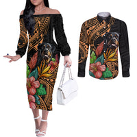 Polynesian Rottweiler Couples Matching Off The Shoulder Long Sleeve Dress and Long Sleeve Button Shirts Polynesian Pattern And Rottweiler TS04 Black - Polynesian Pride