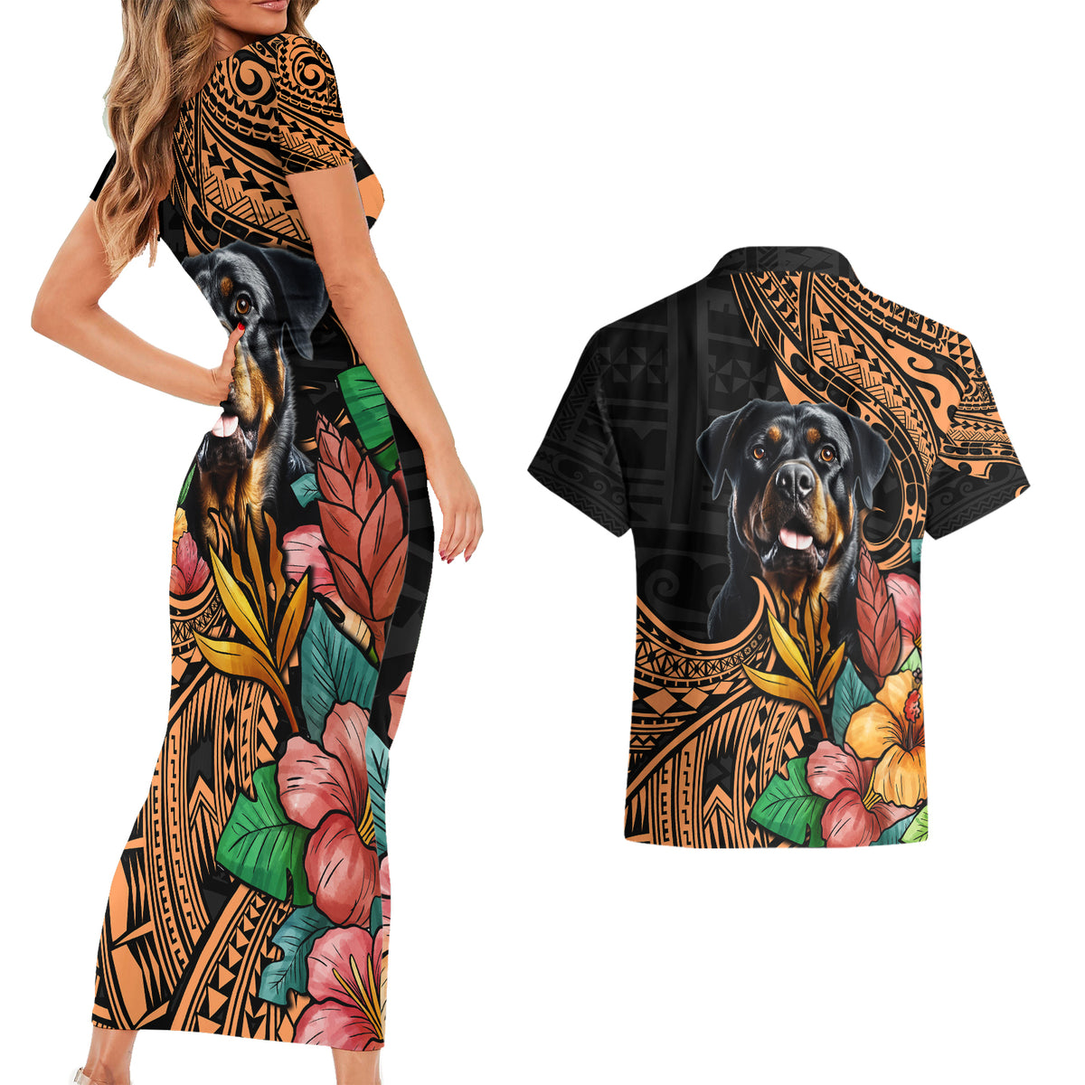 Polynesian Rottweiler Couples Matching Short Sleeve Bodycon Dress and Hawaiian Shirt Polynesian Pattern And Rottweiler TS04 - Polynesian Pride