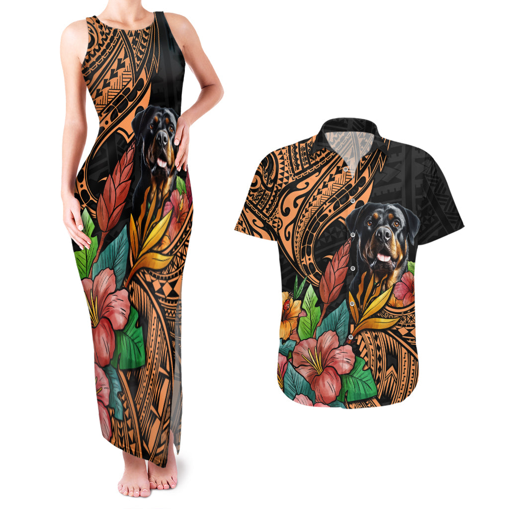 Polynesian Rottweiler Couples Matching Tank Maxi Dress and Hawaiian Shirt Polynesian Pattern And Rottweiler TS04 Black - Polynesian Pride