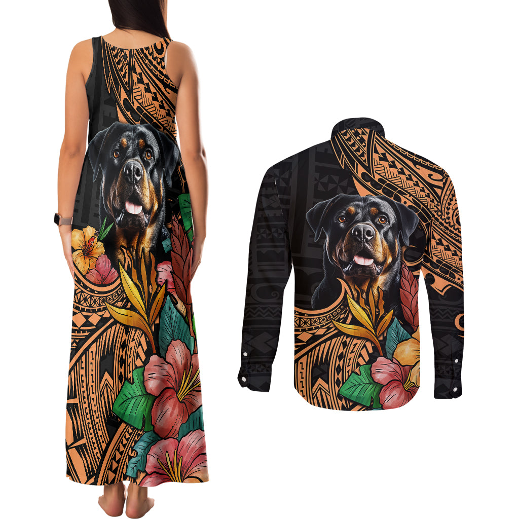 Polynesian Rottweiler Couples Matching Tank Maxi Dress and Long Sleeve Button Shirts Polynesian Pattern And Rottweiler TS04 - Polynesian Pride