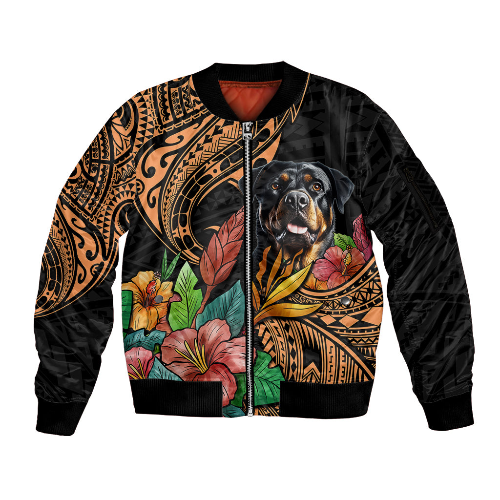 Polynesian Rottweiler Sleeve Zip Bomber Jacket Polynesian Pattern And Rottweiler TS04 Unisex Black - Polynesian Pride