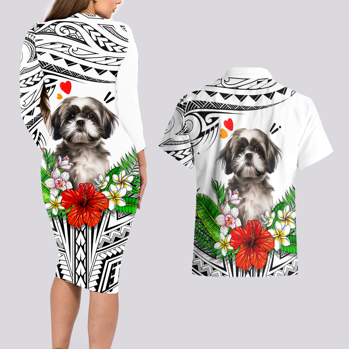 Polynesian Shih Tzu Couples Matching Long Sleeve Bodycon Dress and Hawaiian Shirt Polynesian Pattern And Shih Tzu TS04 - Polynesian Pride