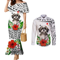 Polynesian Shih Tzu Couples Matching Mermaid Dress and Long Sleeve Button Shirts Polynesian Pattern And Shih Tzu TS04 White - Polynesian Pride