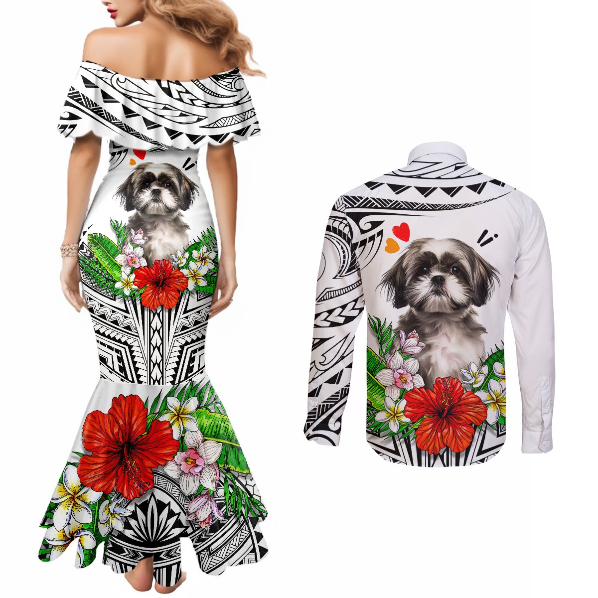 Polynesian Shih Tzu Couples Matching Mermaid Dress and Long Sleeve Button Shirts Polynesian Pattern And Shih Tzu TS04 - Polynesian Pride