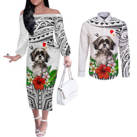 Polynesian Shih Tzu Couples Matching Off The Shoulder Long Sleeve Dress and Long Sleeve Button Shirts Polynesian Pattern And Shih Tzu TS04 White - Polynesian Pride