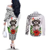Polynesian Shih Tzu Couples Matching Off The Shoulder Long Sleeve Dress and Long Sleeve Button Shirts Polynesian Pattern And Shih Tzu TS04 - Polynesian Pride