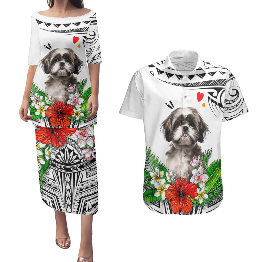 Polynesian Shih Tzu Couples Matching Puletasi Dress and Hawaiian Shirt Polynesian Pattern And Shih Tzu TS04 White - Polynesian Pride
