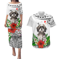Polynesian Shih Tzu Couples Matching Puletasi Dress and Hawaiian Shirt Polynesian Pattern And Shih Tzu TS04 White - Polynesian Pride