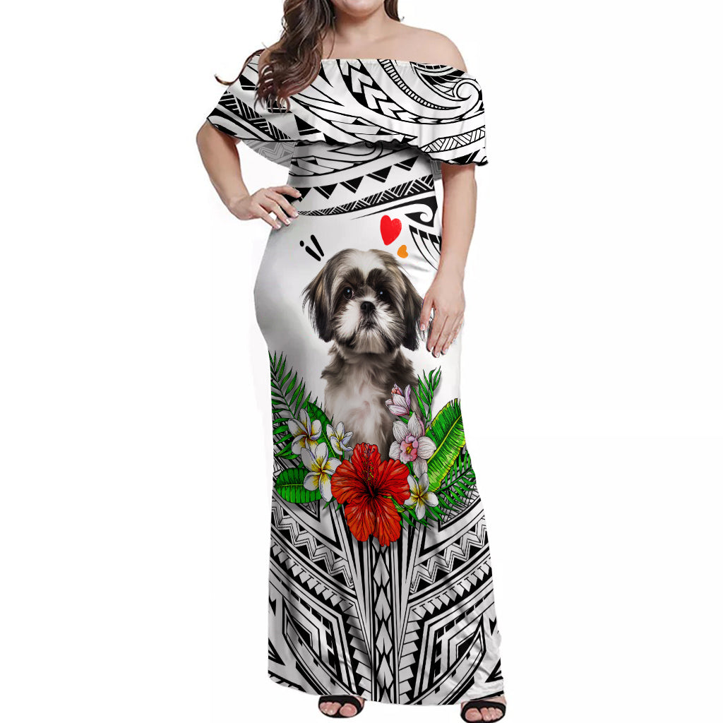 Polynesian Shih Tzu Off Shoulder Maxi Dress Polynesian Pattern And Shih Tzu TS04 Women White - Polynesian Pride