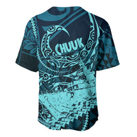 Chuuk Deep Into Truk Lagoon Baseball Jersey Polynesian Tribal Pattern Wreck Diving Teal Ship Art