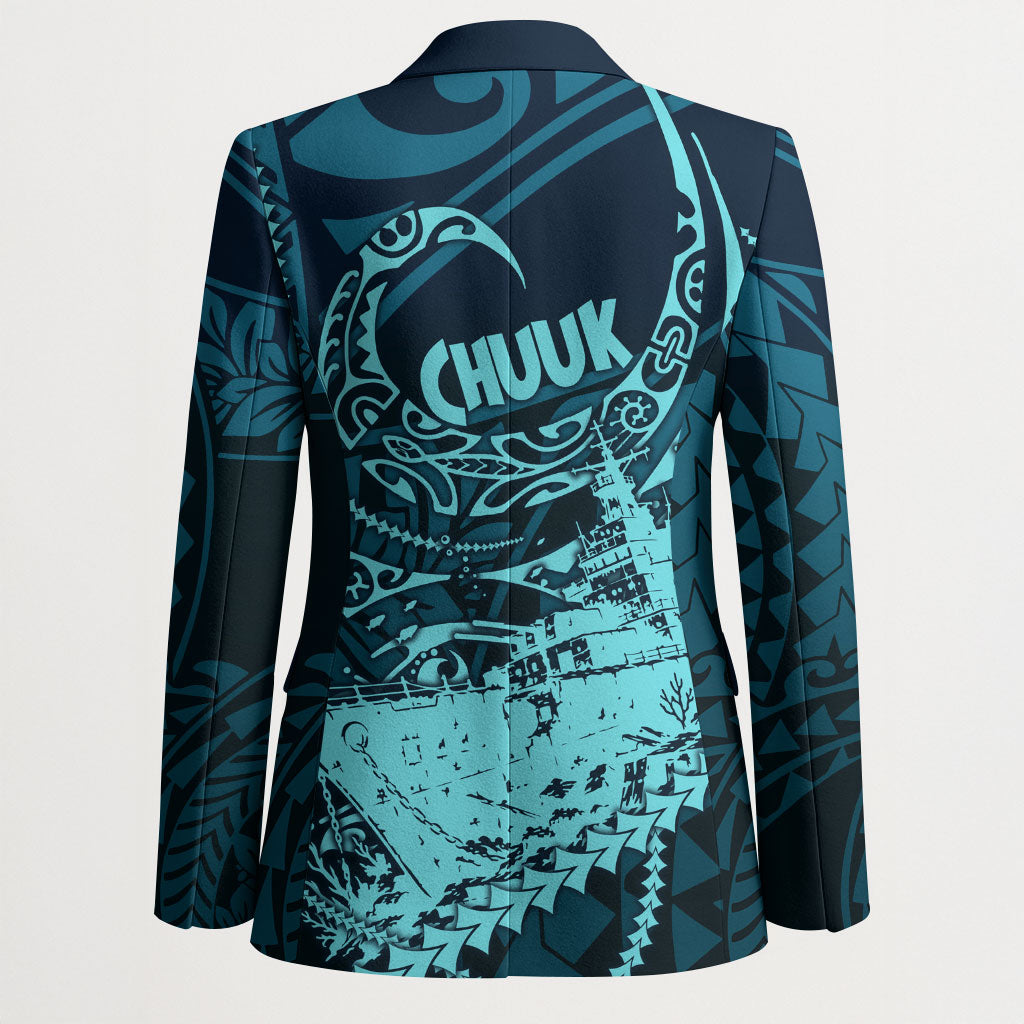Chuuk Deep Into Truk Lagoon Blazer Polynesian Tribal Pattern Wreck Diving Teal Ship Art