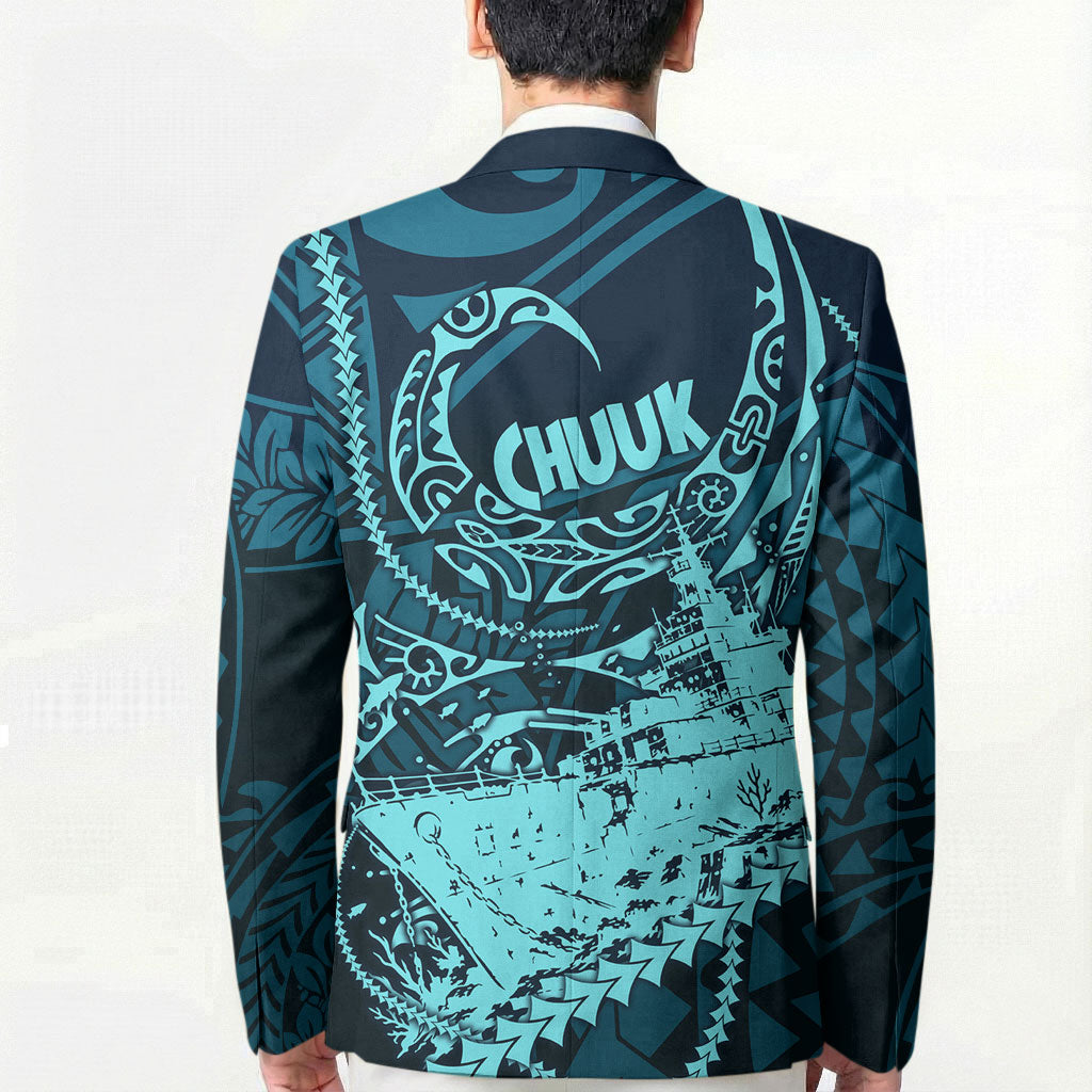 Chuuk Deep Into Truk Lagoon Blazer Polynesian Tribal Pattern Wreck Diving Teal Ship Art