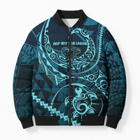 Chuuk Deep Into Truk Lagoon Bomber Puffer Jacket Polynesian Tribal Pattern Wreck Diving Teal Ship Art