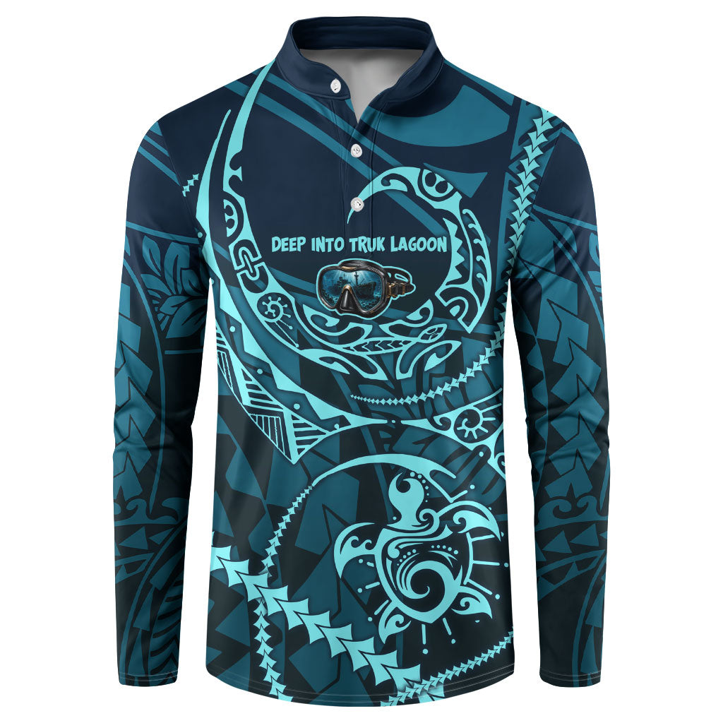 Chuuk Deep Into Truk Lagoon Button Sweatshirt Polynesian Tribal Pattern Wreck Diving Teal Ship Art