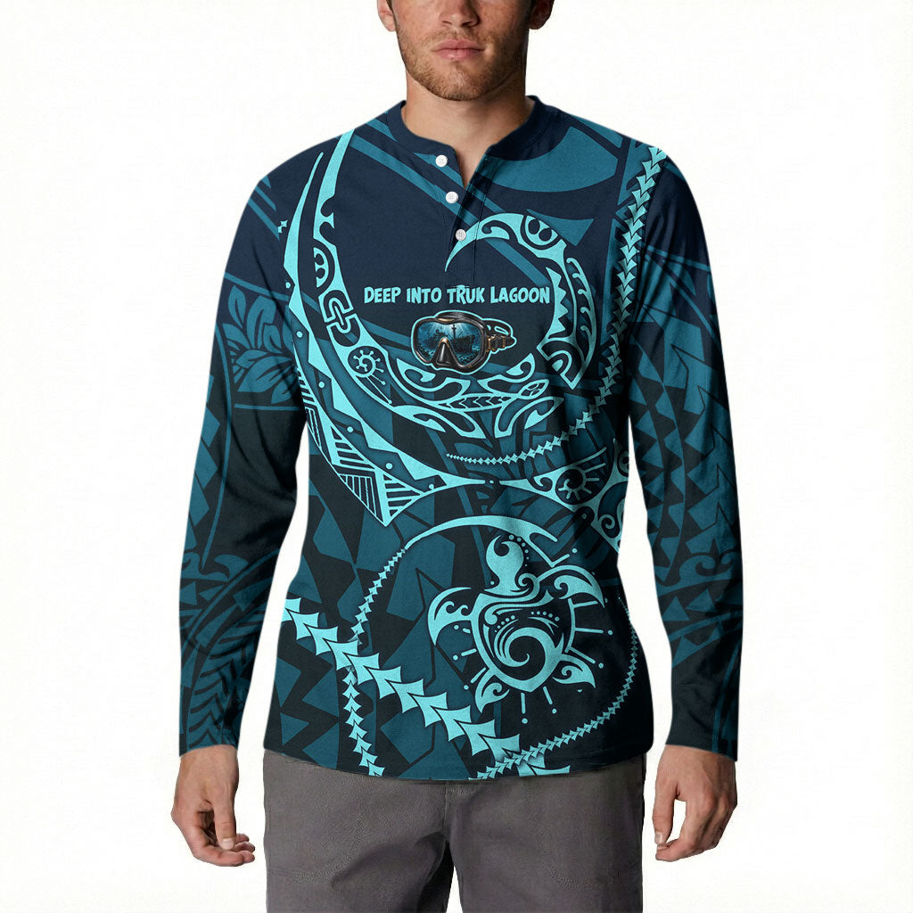 Chuuk Deep Into Truk Lagoon Button Sweatshirt Polynesian Tribal Pattern Wreck Diving Teal Ship Art