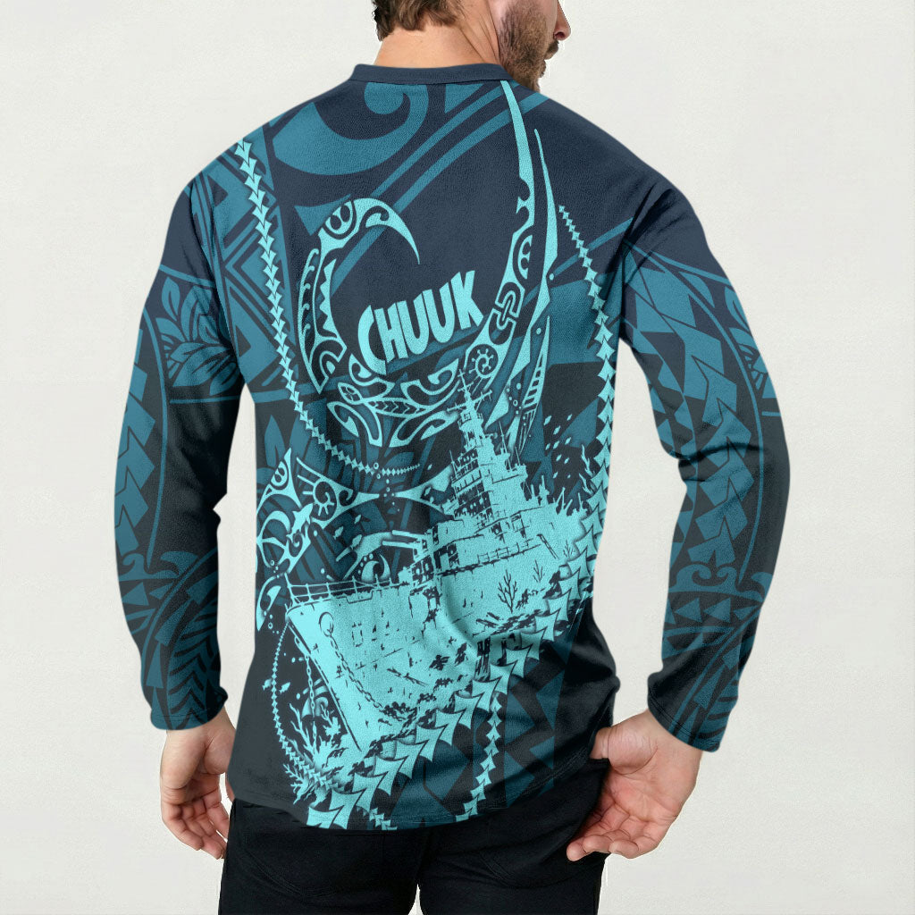 Chuuk Deep Into Truk Lagoon Button Sweatshirt Polynesian Tribal Pattern Wreck Diving Teal Ship Art