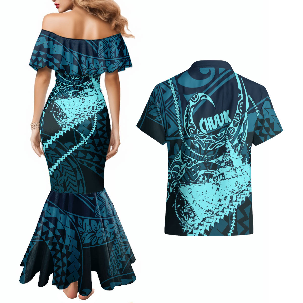 Chuuk Deep Into Truk Lagoon Couples Matching Mermaid Dress and Hawaiian Shirt Polynesian Tribal Pattern Wreck Diving Teal Ship Art