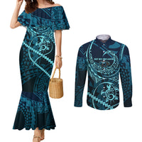 Chuuk Deep Into Truk Lagoon Couples Matching Mermaid Dress and Long Sleeve Button Shirt Polynesian Tribal Pattern Wreck Diving Teal Ship Art