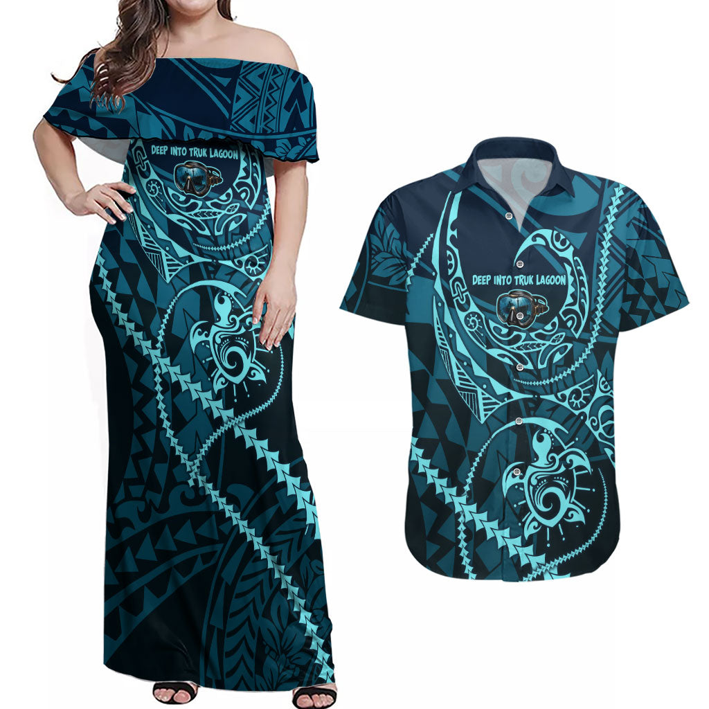 Chuuk Deep Into Truk Lagoon Couples Matching Off Shoulder Maxi Dress and Hawaiian Shirt Polynesian Tribal Pattern Wreck Diving Teal Ship Art