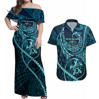 Chuuk Deep Into Truk Lagoon Couples Matching Off Shoulder Maxi Dress and Hawaiian Shirt Polynesian Tribal Pattern Wreck Diving Teal Ship Art