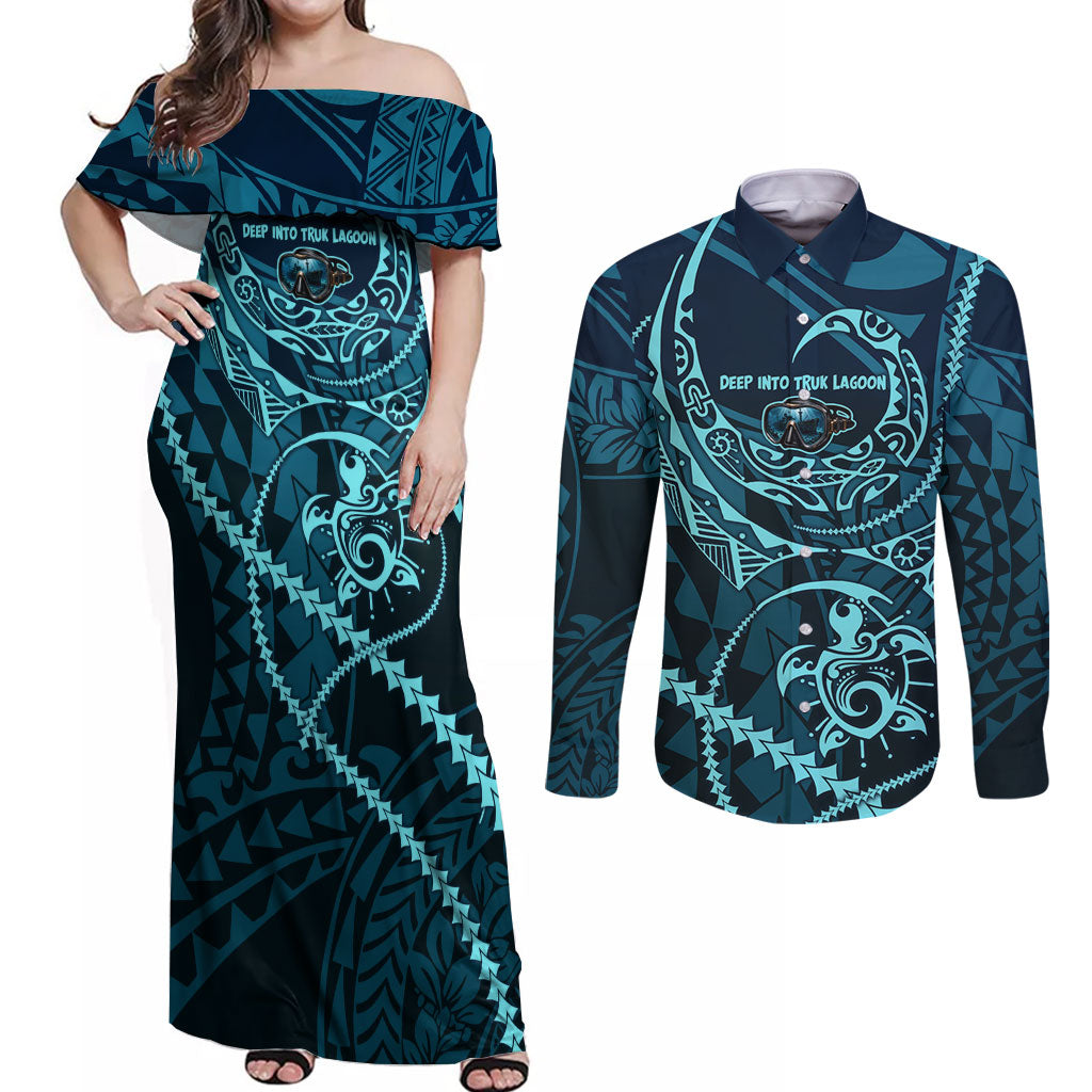 Chuuk Deep Into Truk Lagoon Couples Matching Off Shoulder Maxi Dress and Long Sleeve Button Shirt Polynesian Tribal Pattern Wreck Diving Teal Ship Art