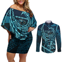 Chuuk Deep Into Truk Lagoon Couples Matching Off Shoulder Short Dress and Long Sleeve Button Shirt Polynesian Tribal Pattern Wreck Diving Teal Ship Art