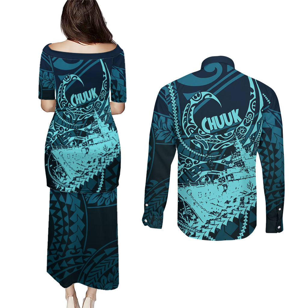 Chuuk Deep Into Truk Lagoon Couples Matching Puletasi and Long Sleeve Button Shirt Polynesian Tribal Pattern Wreck Diving Teal Ship Art