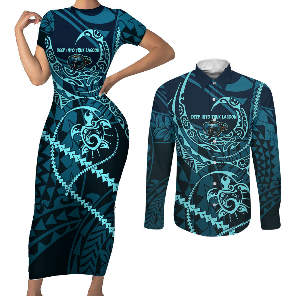Chuuk Deep Into Truk Lagoon Couples Matching Short Sleeve Bodycon Dress and Long Sleeve Button Shirt Polynesian Tribal Pattern Wreck Diving Teal Ship Art