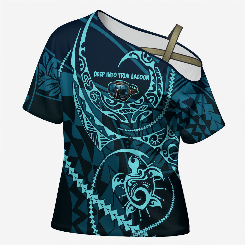 Chuuk Deep Into Truk Lagoon Cross Shoulder Shirt Polynesian Tribal Pattern Wreck Diving Teal Ship Art