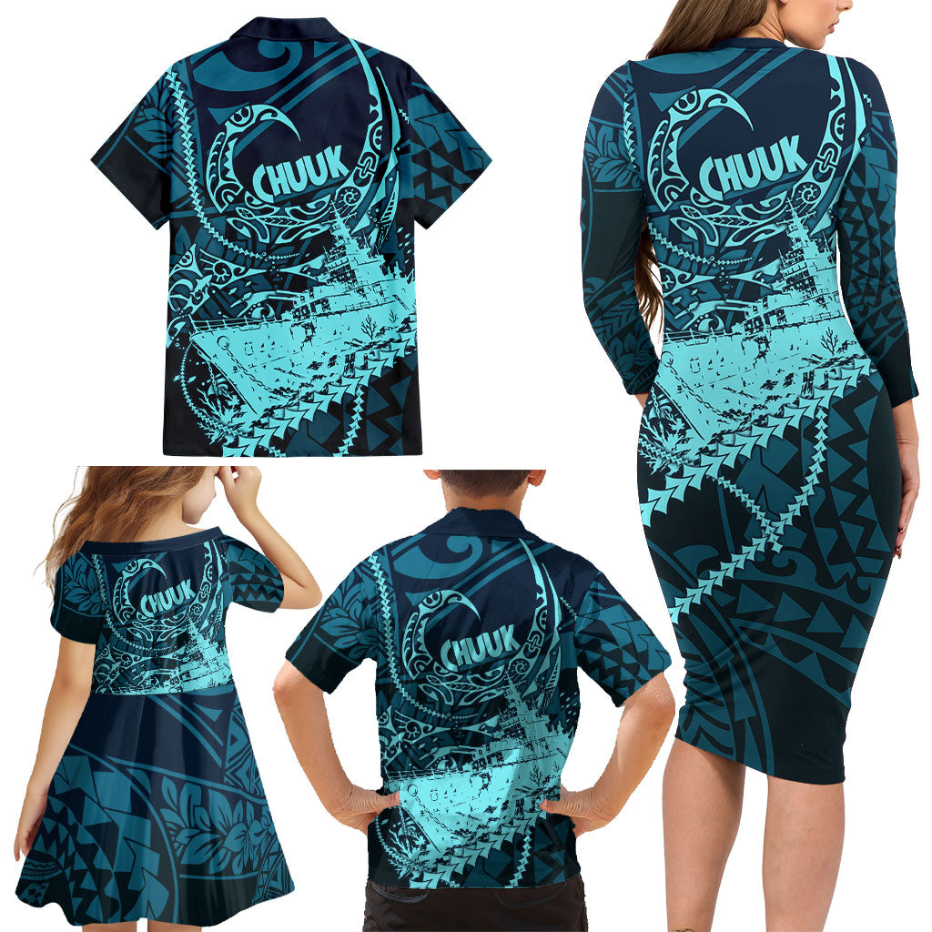 Chuuk Deep Into Truk Lagoon Family Matching Long Sleeve Bodycon Dress and Hawaiian Shirt Polynesian Tribal Pattern Wreck Diving Teal Ship Art