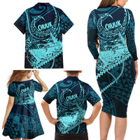 Chuuk Deep Into Truk Lagoon Family Matching Long Sleeve Bodycon Dress and Hawaiian Shirt Polynesian Tribal Pattern Wreck Diving Teal Ship Art
