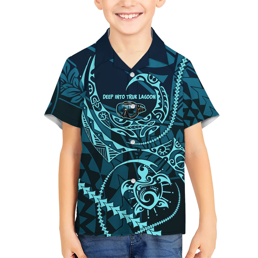 Chuuk Deep Into Truk Lagoon Family Matching Long Sleeve Bodycon Dress and Hawaiian Shirt Polynesian Tribal Pattern Wreck Diving Teal Ship Art