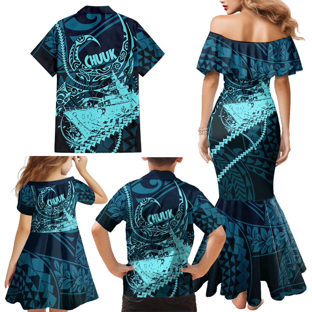 Chuuk Deep Into Truk Lagoon Family Matching Mermaid Dress and Hawaiian Shirt Polynesian Tribal Pattern Wreck Diving Teal Ship Art